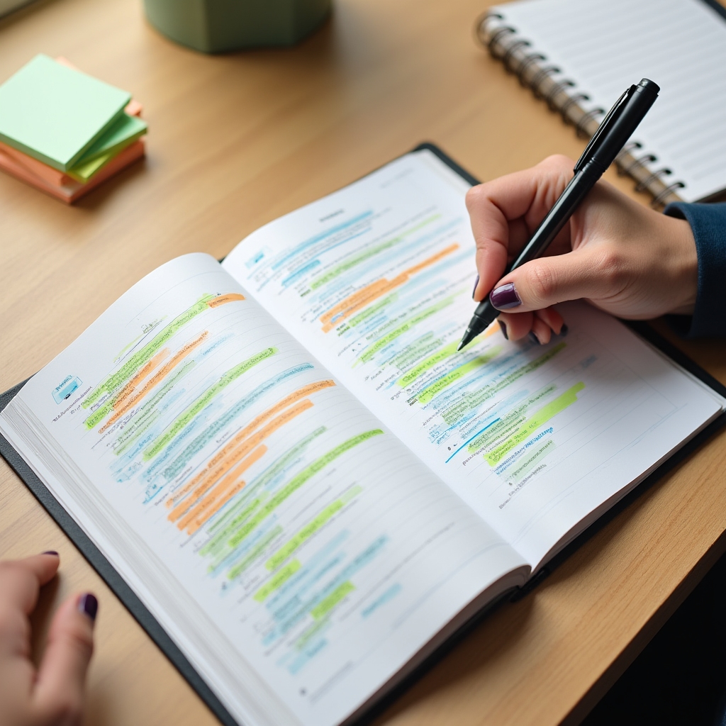 Técnica de lectura activa con sistema de marcas en libro de negocios