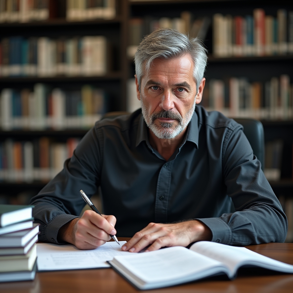 Profesional extrayendo ideas clave de libro de negocios en sesión de trabajo
