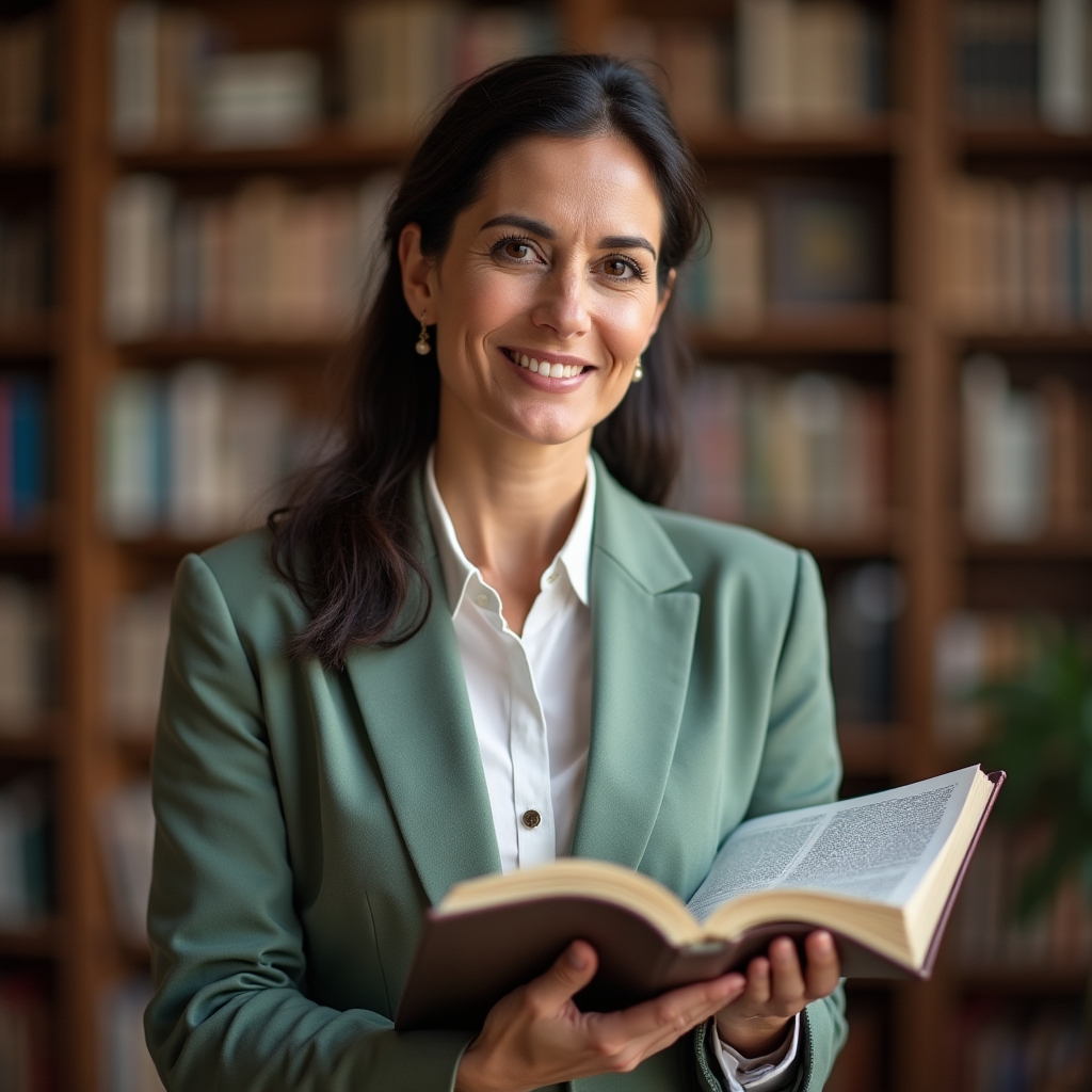 Instructora del programa en biblioteca académica con libros de negocios