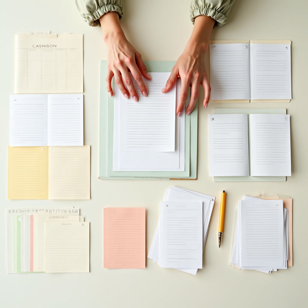 Sistema de fichas y notas organizadas sobre escritorio de estudio profesional