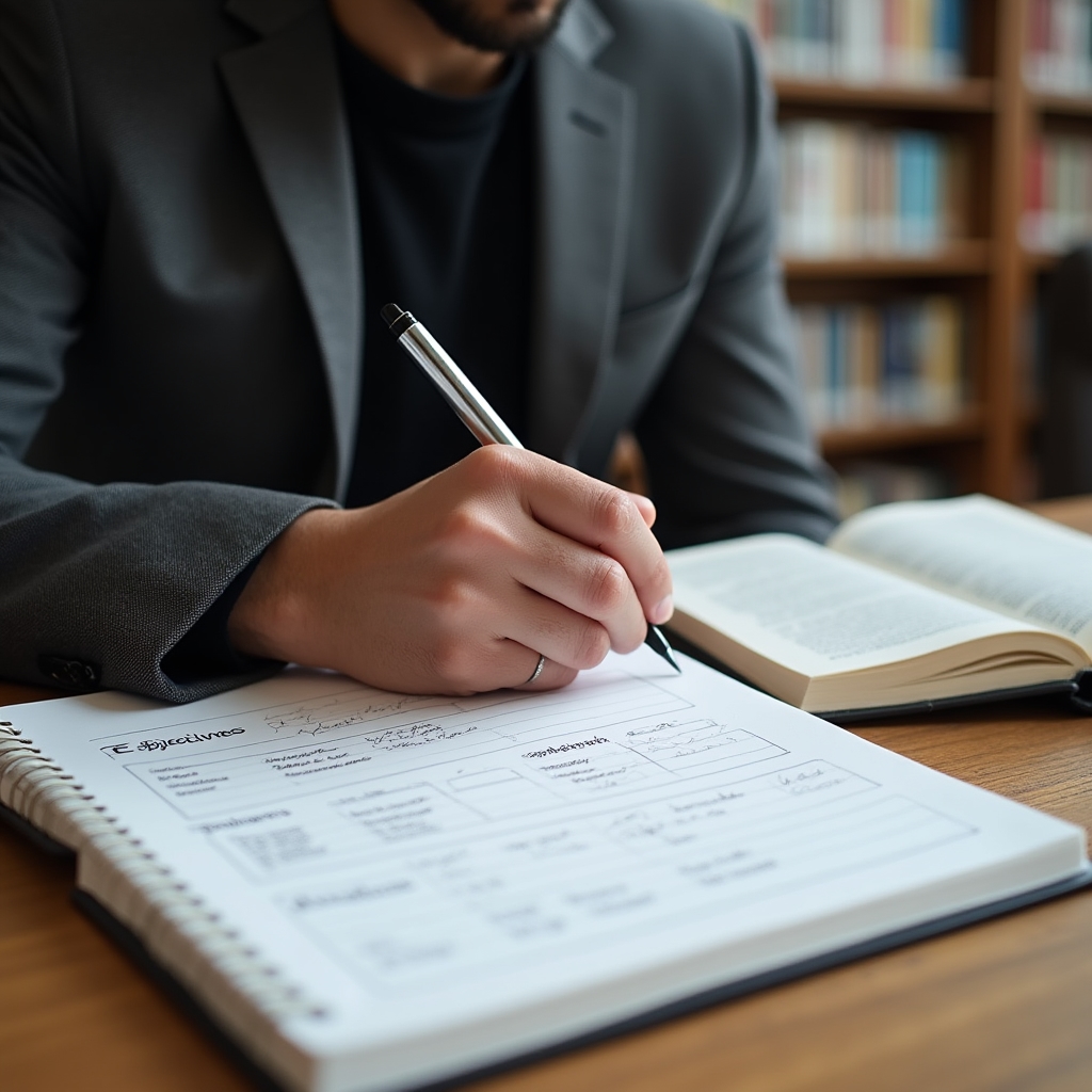 Profesional definiendo intención de lectura antes de comenzar libro de negocios
